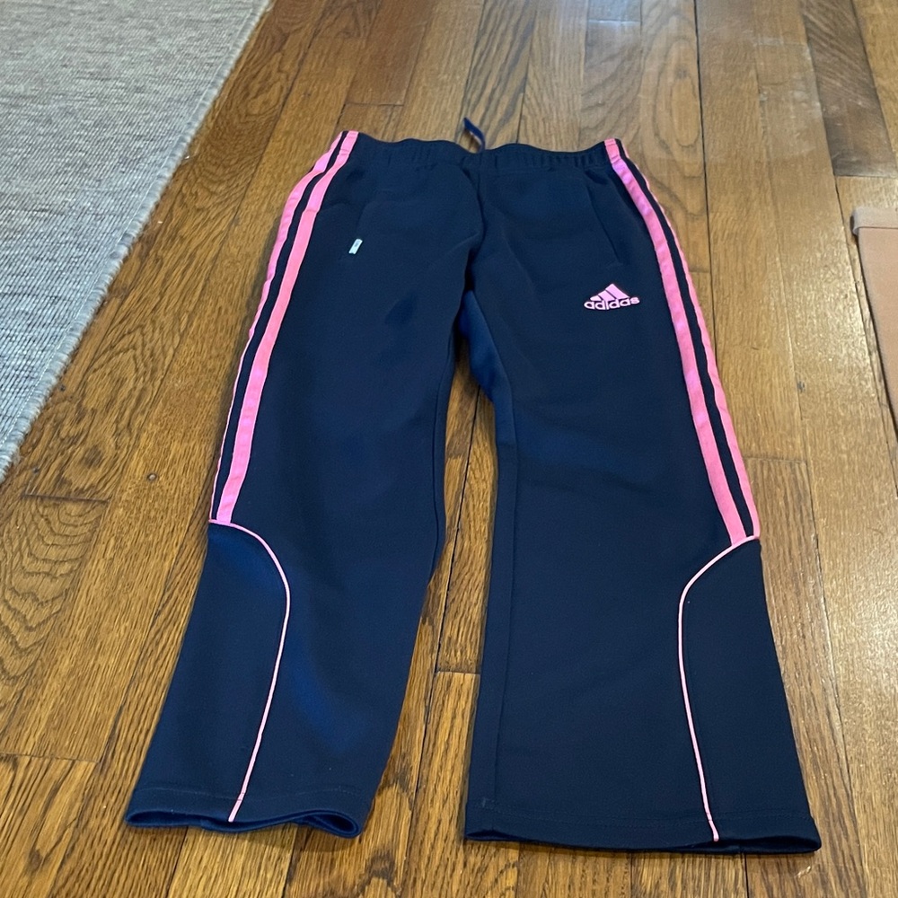 Adidas Kids Dark Blue Joggers with Pink Stripes